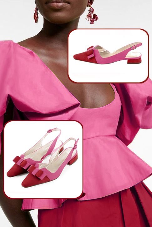 Women's cardinal red and hot pink elegant slingback heels, with a bow on the front. Tapered toe. Flat block heels - Top view